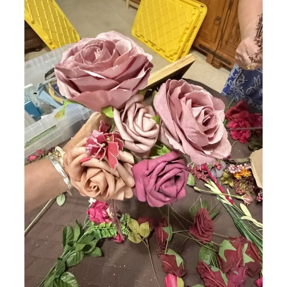 Large Lot / Box of Miscellaneous Artificial Silk Flowers - Burgundy Shades